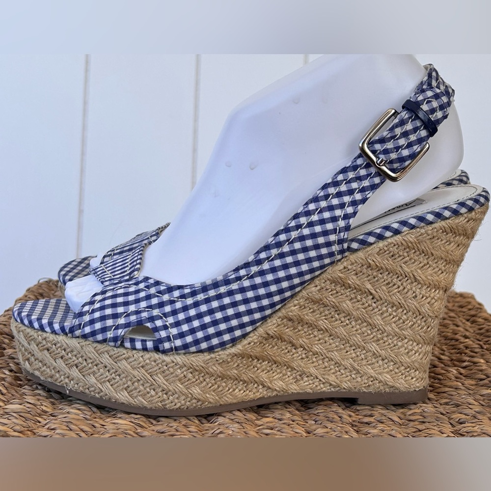 American Eagle Gingham Wedge Espadrille Sandal Blue/White Size‎ 8.5